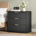 Furnulem 26" Fluted Black Night Stand, Wide 3 Drawer Nightstand for Bedroom, 1 pcs