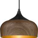 ELYONA Modern Pendant Light Walnut Wooden Pattern Dome Pendant Light Fixture Matte Black Metal Gold Inner Finish Adjustable Hanging Lighting for Kitchen Island Dining Room Office Hallway Foyer Bedroom