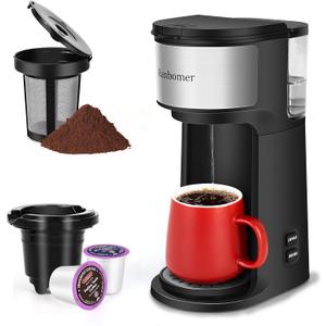 K Cup Coffee Maker, Single Serve coffee machine or Ground Coffee Machine 2 in 1, 6 to 14 Oz Brew Sizes, Mini One Cup Coffee Maker with Self cleaning Function, Fits Travel Mug, Black