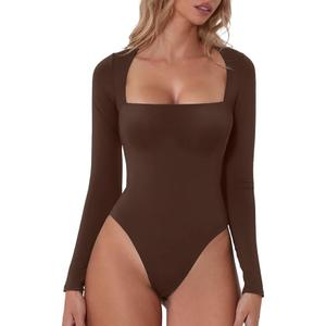 QINSEN Women's Sexy Square Neck Bodysuit Long Sleeve Double Lined Shirt Tops, S