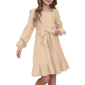 blibean Girls Cotton Long Sleeve Dresses Ruffled Semi Formal Dress Size 6-15 Years (Beige, XXL)