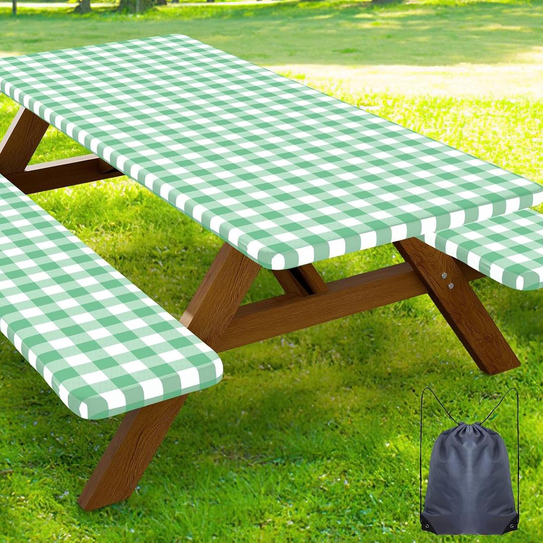 Smiry 5FT Picnic Table Cover with Bench Covers, Elastic Fitted Tablecloth | Waterproof Washable Rectangle Tablecloths ,Buffalo Plaid Tablecloth for Dining, Camping (Sage Green & White, 30" x 60")