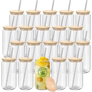 YOUKE OLA 20 Pack Glass Cups with Bamboo Lids and Metal Straw Can Shaped Drinking Glasses, Glass Tumbler Reusable Cute Cups for Whiskey, Iced Coffee, Tea, Soda, Cocktail, Gift, Clear 20oz