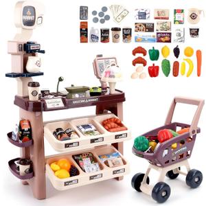 deAO Supermarket Playset for Kids Grocery Store Pretend Play Role Market Stall Toy Shop with Shopping Cart, Plays Kitchen Set for Toddlers,Best Outdoor Playset for Kids