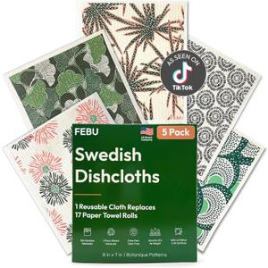 FEBU Swedish Dishcloths for Kitchen | 5 Pack Botanique Reusable Paper Towels Washable | Swedish Dish Towels | Non-Scratch Cellulose Sponge Cloths | No Odor, Biodegradable Cleaning Cloths