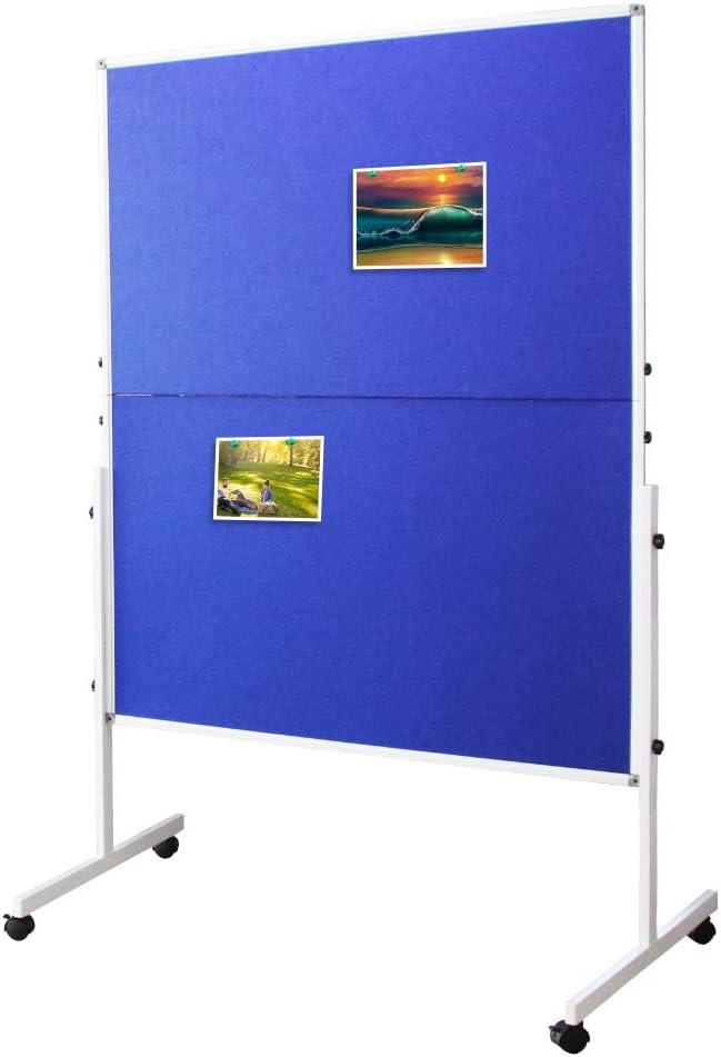Cork Felt Bulletin Board (Blue) on Wheels, 60 x 48 Inchse Large Reversible Notice Board, Aluminum Frame Double-Sided Foldable, Cork Board for Classrom