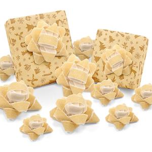 18 Pcs Christmas Gold Velvet Gift Bow for Gift Wrapping 2.8 Inch and 4 Inch Christmas Self Adhesive Glitter Ribbon Bows Stick on Flocked for Xmas Present Wrapping Decor Wreaths Tree (Khaki)