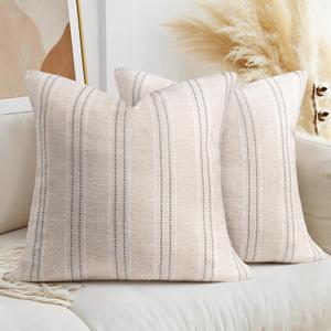 AELS 24x24 Decorative Farmhouse Linen Throw Pillow Covers, Boho Textured Pillow Case, Set of 2, Beige with White & Gray Stitch Yarn Dyed Stripe Cushion Cover for Sofa Couch Living Room (Cover ONLY)