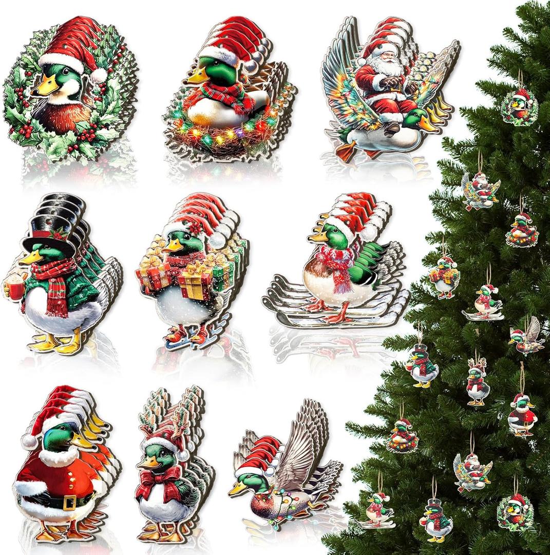 Chunful 36 Pcs Funny Mallard Duck Christmas Ornament Wooden Mallard Duck with Santa Hat Ornament Christmas Tree Hanging Wildlife Decor for Bird Lovers Gift Holiday Xmas Tree Decor
