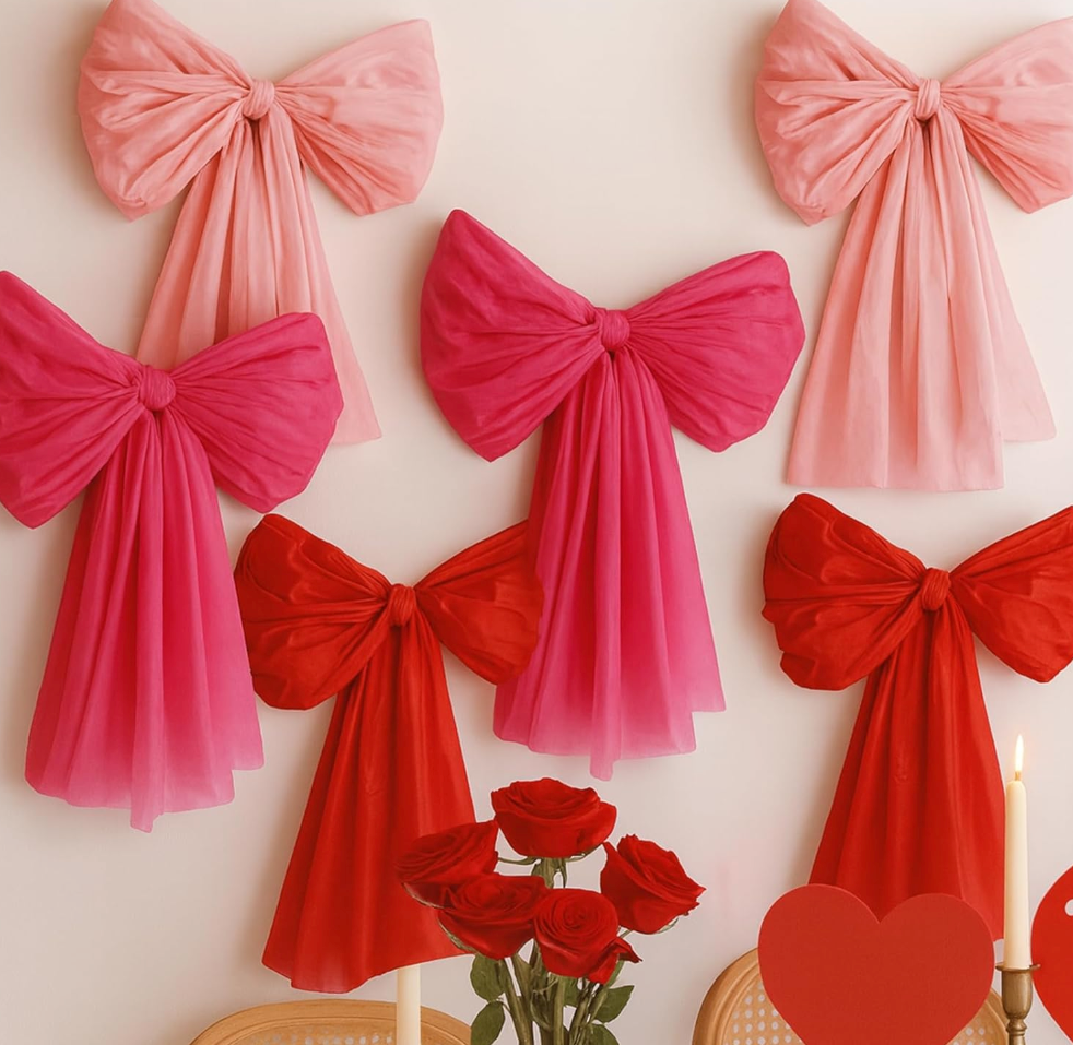 Valentines Day Decorations – 6 Pack DIY Giant Wall Bows, Hanging Valentine & Galentines Bow Decor for Home, Bedroom, Kitchen, Classroom, Party & Office – Cute Pink Red Large Bows for Door, Window