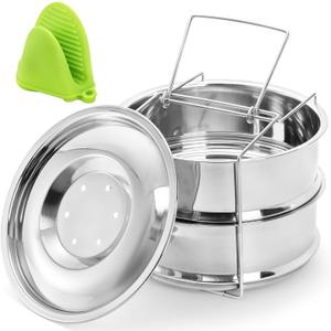 WUWEOT Stackable Steamer Insert Pans, 2 Tier Stainless Steel Pot-in-Pot Baking Pan, Pressure Cooker Accessories with Sling Handle and Silicone Gloves for 6 Quart Instant Pot