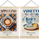 Yomisex Italy Cappuccino Anisetta Wall Art Poster, Traditional Italian Drinks on Maiolica Tiles Canvas Prints Wall Art Framed for Kitchen Coffee and Wine Bar Decor, 12x16 Inch Set of 2