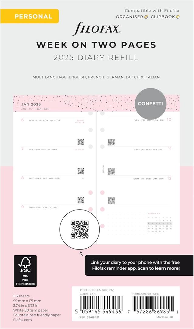 Filofax Calendar Diary Refill, Personal/Compact Size, Week-to-View, Confetti Minimal Diary Pack, Multilingual: Five Languages, 2025 (C68491-25)