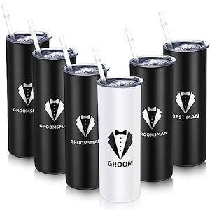 Tanlade Set of 6 Groomsmen Gifts for Wedding Proposal Cups 20 oz Groomsman Tumbler Best Man and 20oz Travel Coffee Mug with Lid Team Cups Gift for Bachelor Party (Black/White)
