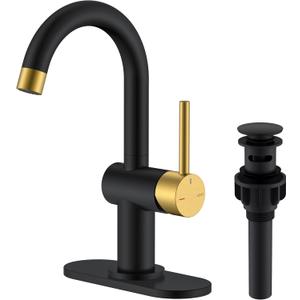 KENES Black and Gold Single Handle Bathroom Sink Faucet, Modern Prep Wet Bar Sink Faucet with Drain Assembly & Deck Plate, Vanity Faucets for Farmhouse RV Camper Utility, KE-9005B-BG