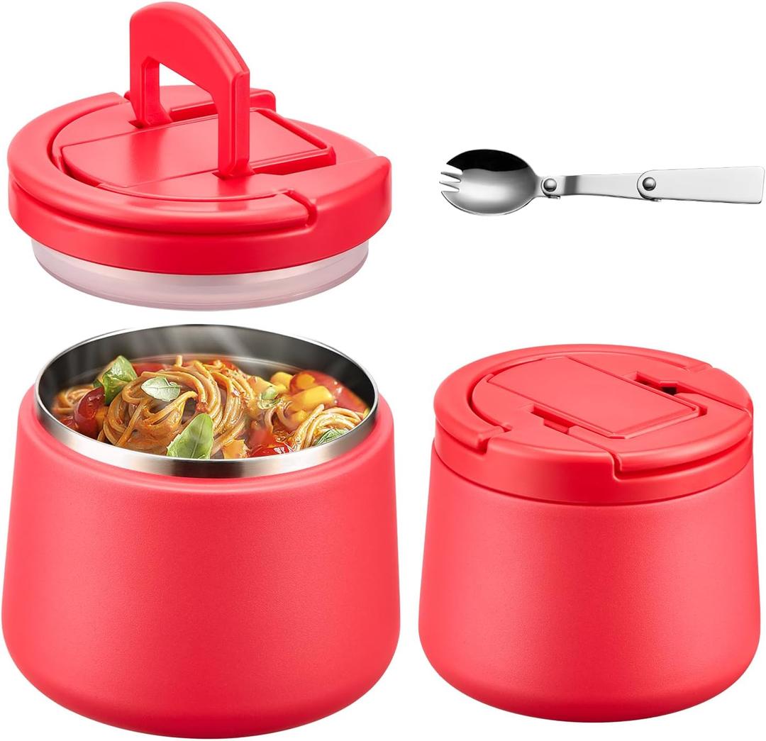 14oz Insulated Vacuum Food Jar with Buckle Lid,Soup Thermo for Hot Food Kids,Wide Mouth Leakproof Stainless Steel Lunch Container with Spoon-Red