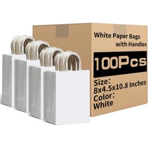 RACETOP White Paper Bags with Handles Bulk 8"x4.5"x10.8" 100Pcs Gift Bags Medium Size, White Gift Bags with Handles, Gift Bag Bulk for Retail, Party, Shopping, Merchandise
