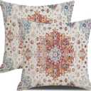 Boho Throw Pillows Cover 18x18 Inch Orange Blue Teal Ethnic Carpet Pillow Covers Set of 2 Farmhouse Fall Coral Floral Linen Decorative Pillow Cases for Outdoor Living Room Couch Sofa Decor