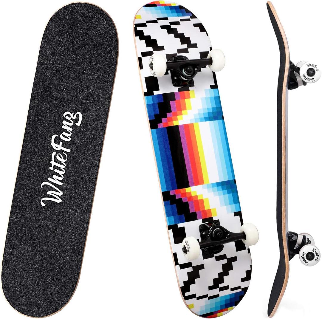 WhiteFang Skateboards for Beginners, Complete Skateboard 31 x 7.88, 7 Layer Canadian Maple Double Kick Concave Standard and Tricks Skateboards for Kids and Beginners (Testing)