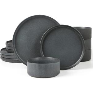 Famiware Star Dinnerware Sets, Plates and Bowls Set for 4, 12 Pieces Ribbed Dishes - Chip and Scratch Resistant, Microwave and Dishwasher Safe Tableware, Matte Dark Charcoal