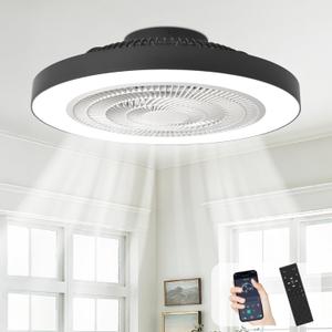 Depuley Modern Ceiling Fan with Light: 19" Flush Mount Low Profile LED Ceiling Fans with Remote & Smart APP Control - Black Bladeless Fandelier Dimmable Quiet DC Motor for Bedroom Kids Room 6 Speeds