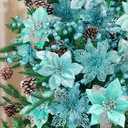 56 Pcs Christmas Decorations, 4 Styles Poinsettias Artificial Christmas Flowers Glitter Berries Stems Ornaments Tree with Pine Cones & Stems for Xmas Wedding DIY Wreath Floral Party (Blue-green)