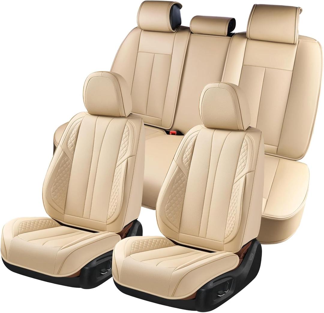 KEYOOG 5-Seater Car Seat Covers Full Set, Fit for Front and Rear Seats of Cars, Waterproof and Breathable Nappa Leather, Compatible with Airbags, Car Seat Protector Covers for Most Cars - Color: Off-white