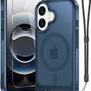 for iPhone 16 Case with Screen Protector+Lanyard Wrist Strap,Magnetic Translucent Matte Rugged Slim Phone Cover Built in Invisible Kickstand [Fit for MagSafe],Navy Blue