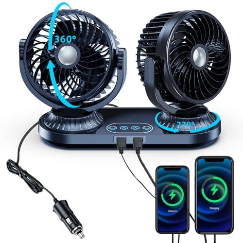 NIFBANG Dual Head Car Fan 12v 24 Volt Universal,270° Oscillating Cigarette Lighter Powered Cooling Fan for Vehicles [with 2 USB Charging Ports],360°Rotation Car Fans That Blow Cold Air for Trucks SUV