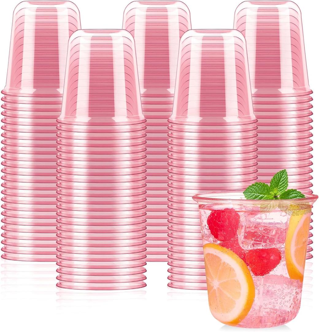 100 Pcs Pink Plastic Cups 12 Oz Disposable Stemless Wine Glasses Cocktail Pink Party Cups for Meeting, Wedding, Birthday, Valentines Party Supplies