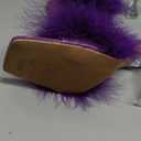 LIURUIJIA Feather High Heel Mules Sandals for Women Slip On Square Toe Clear Tapered Chunky Heels Fuzzy Fluffy Bridal Wedding Party Sexy Shoes (8, Purple)