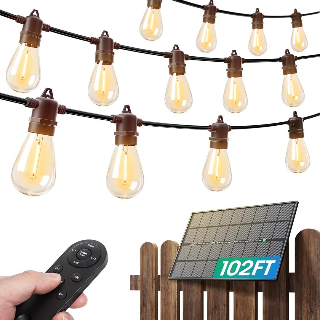 addlon 100FT(2FT) Solar String Lights Outdoor Waterproof with 6W Panel USB Charing & Remote Control Patio Lights Long Last for 20+Hrs Dimmable Solar Power LED Bulbs for Porch Garden Market Bistro (100FT(50 Sockets))