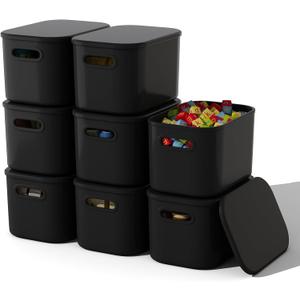 8 Pack Black Storage Bins with Lids Stackable Storage Container for Organizing, Black Storage Boxes with Handle for Shelves, Cute Organizer Bins for Craft, Snacks, 9.85x6.9x5.7 inch