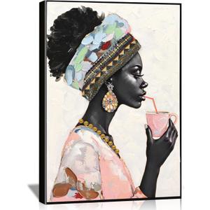 DRLWGTY Framed Elegant Black Woman Wall Art Modern Portrait Painting with Hand-Applied Gemstone Details, Large Canvas Artwork for Bedroom Living Room,Ready to Hang, 36"L x 24"W