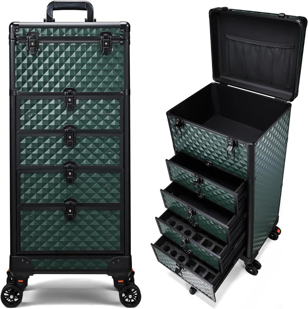 Nail Salon Cart with 4 Drawers,Rolling Makeup Train Case for Beauty,Cosmetology Case on Wheels Trolley Cart,Lockable Organizer Travel Case for Manicure/Face Painting/Hairstylist,DARK GREEN