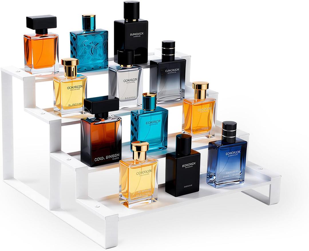 GOENDR Cologne Organizer for Men, 11.8 inch 4 Tier Metal Perfume Organizer Stand, Versatile Step Display Risers Shelf for Fragrance, Skincare, Figurine, Cupcake, Dessert, Spice, 1 Set White