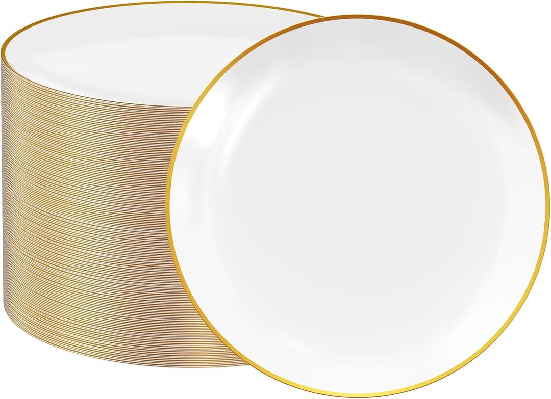 FOCUSLINE 100 Count Gold Plastic Plates 10.25 Inch, Disposable Heavy Duty Dinner Plates, Premium Hard Plastic Plate Fancy Disposable White Plate with Gold Rim