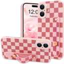 NITITOP Compatible with iPhone 16 Case with Wrist Strap Kickstand Cute Trendy Checkerboard Plaid for Women Girls Slim Fit TPU Silicone Shockproof Full Camera Protective Cover - Pink