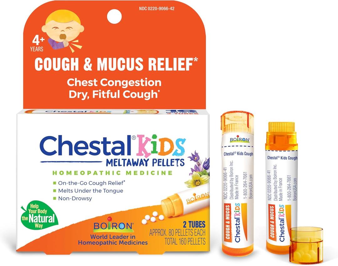 Boiron Chestal Kids Pellets for Cough and Mucus Relief, Nasal or Chest Congestion, and Sore Throat Relief - 2 Count (160 Pellets)