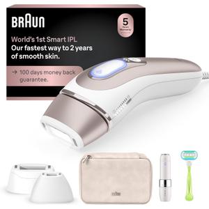 Braun IPL Skin iExpert, at Home Laser Hair Removal, Holiday Gifts for Women and Men with Free App, Smart IPL, Vanity Case, Venus Razor, 2 Smart Heads, Facial Trimmer, PL7219 (White/Bronze New)