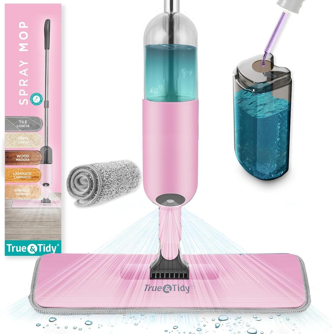 True & Tidy SPRAY-250 Multi-Surface Spray Mop with Refillable Water Bottle for Floor Cleaning, Works on Wood, Tile, Marble etc, Use Any Cleaning Solution, Machine Washable Microfiber Mop Pads, Pink