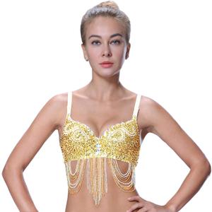 Seawhisper Tribal Glitter Sparkle Rhinestone Belly Dance Beaded Sequined Bra Top for Rave Cabaret Party ((32-34) B, Gold)