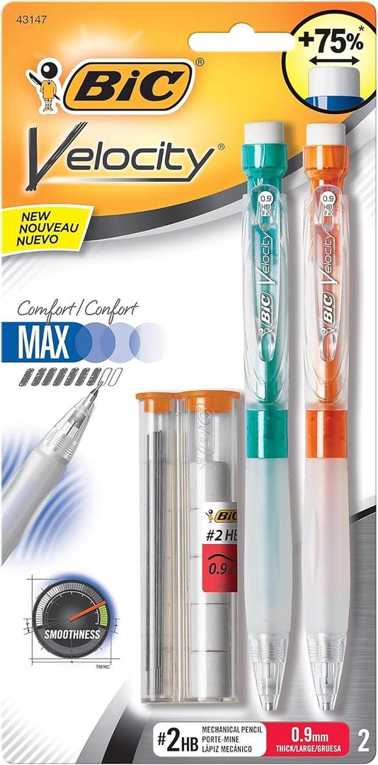 BIC Velocity Max Mechanical Pencils, With Colorful Barrel, Medium Point (0.7mm), 2-Count Pack Mechanical Pencils With Erasers and Lead Refills BIC Velocity Max Mechanical Pencils, With Colorful Barrel, Medium Point (0.7mm), 2-Count Pack Mechanical Pencils With Erasers and Lead Refills