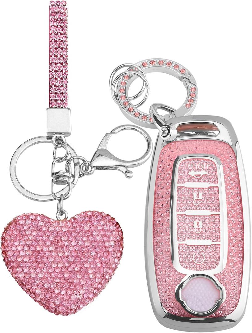 for Nissan 4 Buttons Key fob Cover with Diamond Heart Keychain, Car Accessories TPU for Rogue SL Ariya FWD Pathfinder X-Trail Sentra SV 2023 2024 2025 285E3-7LA6A, Silver Pink