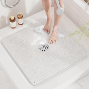 HITSLAM Shower Mat, 24x24 Inch Square Non Slip Bathtub Mat, Soft PVC Loofah Bath Mat for Tub with Hanging Holes, Quick Drying Shower Floor Mat, Without Suction Cups, White