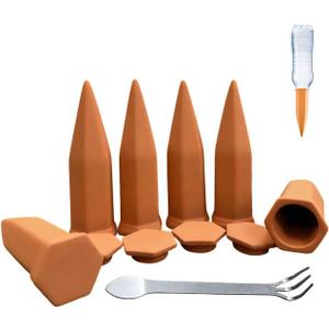 Large Clay Watering Spikes with Lids, Olla Spikes | 6 Pack Self-Watering Stakes for Indoor & Outdoor Planters | Terracotta Vacation Plant Waterer, Slow Release Devices with Rake