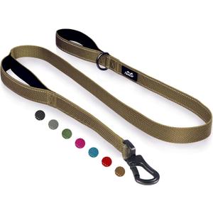 TwoEar 6FT 1IN Strong Brown Dog Leash with 2 Padded Handles, Traffic Handle Extra Control, Comfortable Soft Dual Handle, Auto Lock Hook, Reflective Walking Lead for Small Medium and Large Dogs, 1 in x 6 ft, Brown