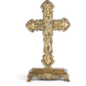 12" H Cast Iron Cross Stand Tabletop for Home Decor, Antique Gold