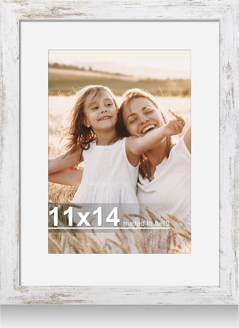 Hongkee 11x14 Picture Frame with Real Glass - 8x10 Wooden Frame with Mat, Horizontal and Vertical Display for Wall or Tabletop (Distressed White, 1 Pack)