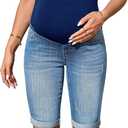 MakeMeChic Women's Maternity Jeans Elastic Waisted Knee Length Straight Leg Summer Pregnancy Denim Pants Medium Wash Medium